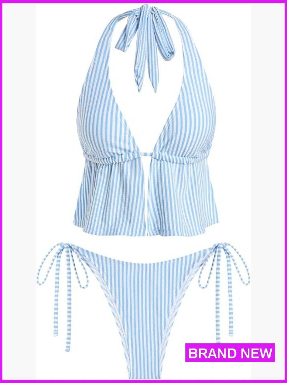 Striped Halter Bikini Set Backless String Tankini Tie Side Cheeky 2 Piece